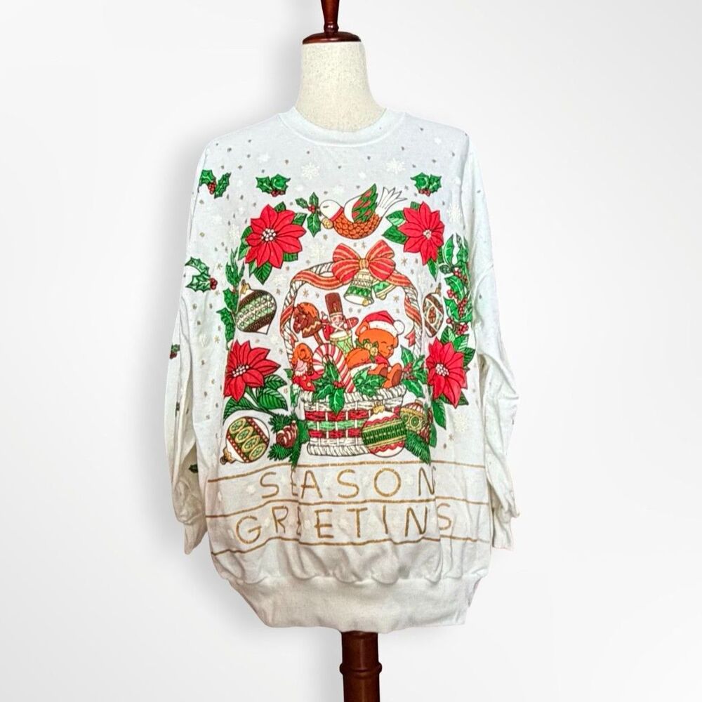 Vintage 90s Christmas Nut Cracker Holiday Sweatshirt, L/XL Poinsettia Pullover